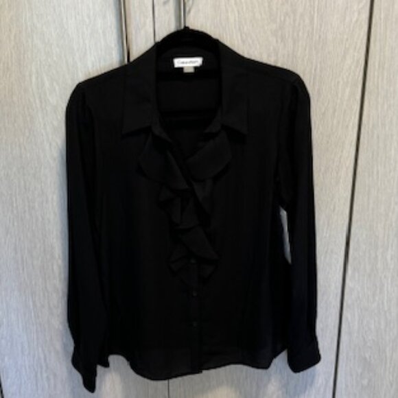 Calvin Klein Petite Ruffled-Front Button-Down Blouse in Black Size Petite Large - Picture 2 of 5